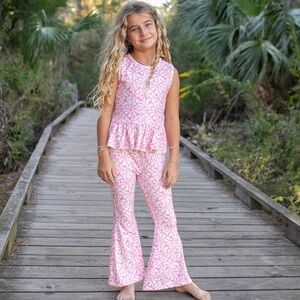 Girls Pink Floral Peplum Top & Flared Leggings Set